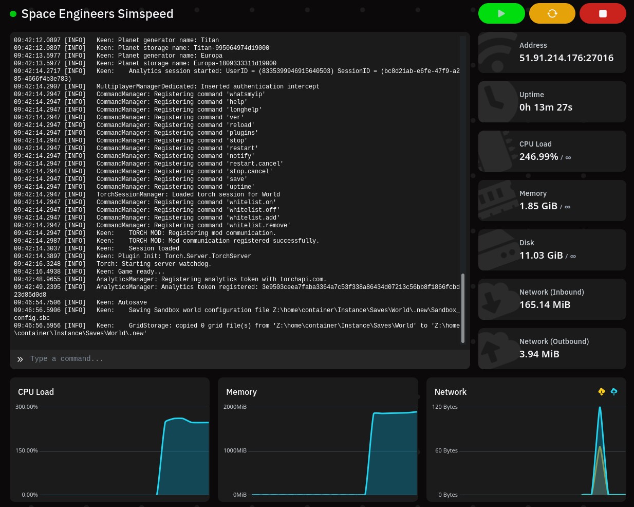 Simspeed Space Engineers server console
