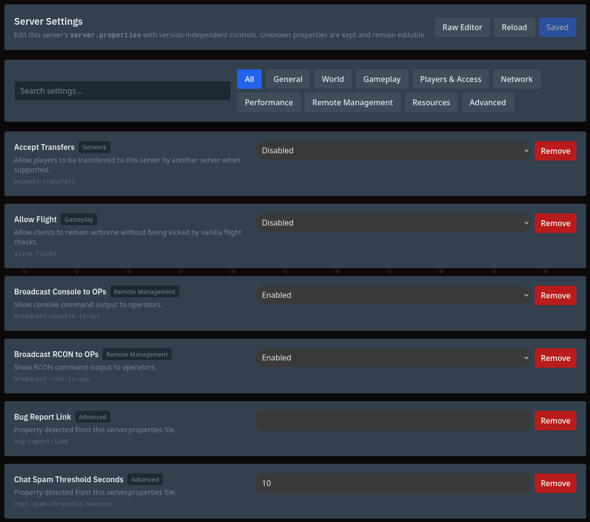 Simspeed Minecraft Server Settings page