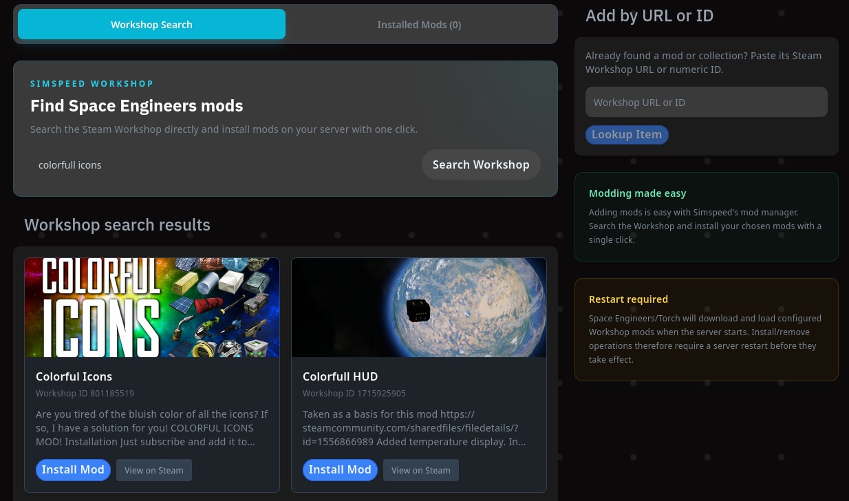 Space Engineers Steam Workshop manager